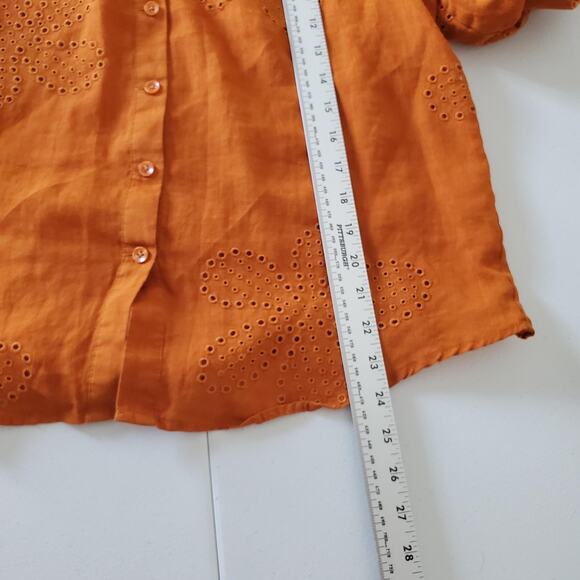 Chico's Shirt Womens Medium Orange Eyelet Floral Button Front Puff Sleeve Boho - Picture 4 of 8